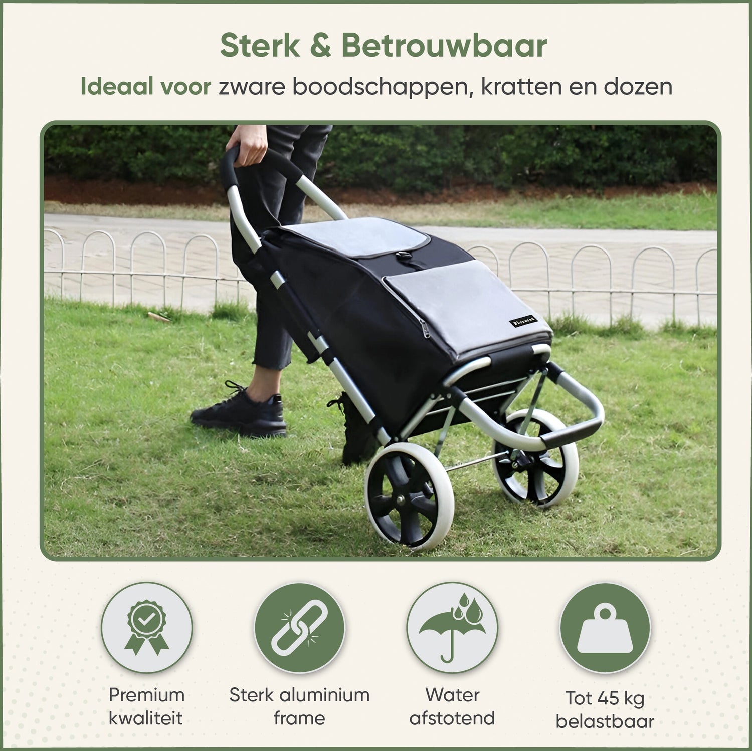 Floressa Boodschappentrolley met Koelvak 45L – Opvouwbaar – Steekwagenfunctie – Haak voor Winkelwagen